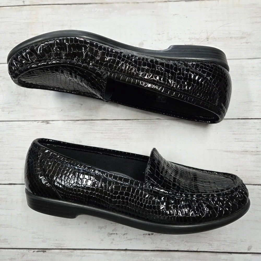 SAS Loafers Womens 10 W Black Patent Croc Embossed Leather Comfort Shoes‎